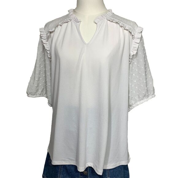 CeCe Tops - CeCe Women’s White Ruffle Sleeve Blouse Size XL Textured Dot Sleeves, Keyhole Ne